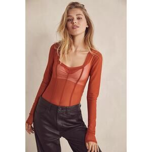 Free People FP Coffee Date Ruched Sheer Long Sleeve Bodysuit Rust Brown Size M